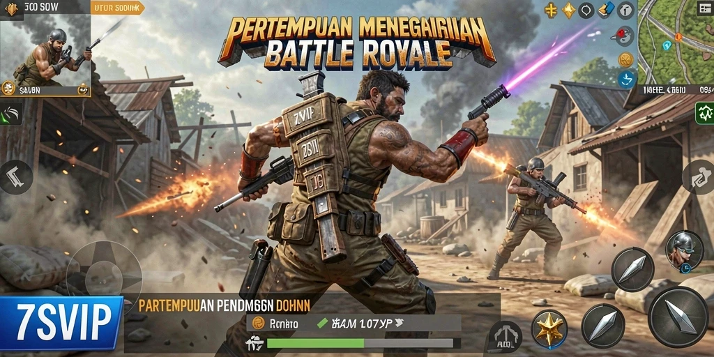 Tangkapan layar gameplay <strong>7SVIP</strong> menampilkan aksi intens di medan perang Battle Royale.