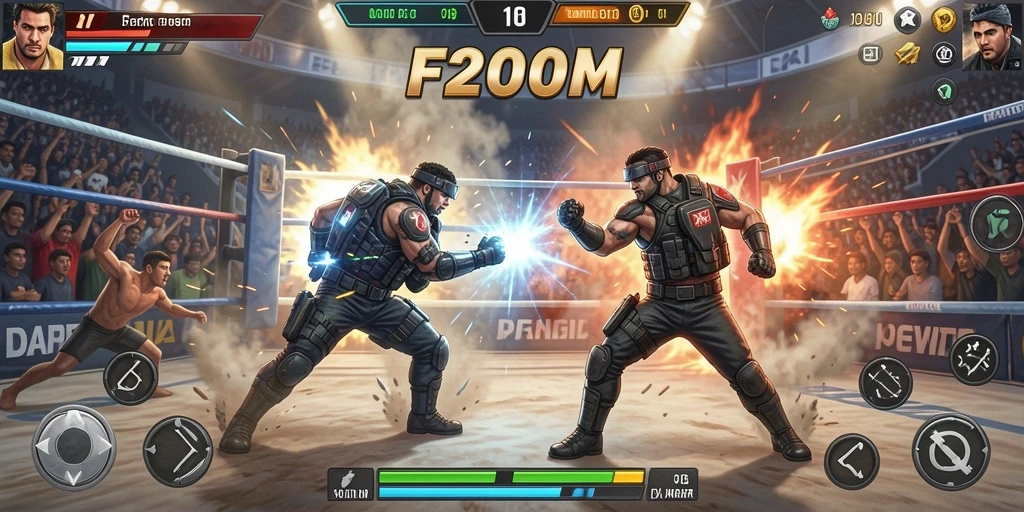 Screenshot F200M dengan aksi pertarungan yang intens.