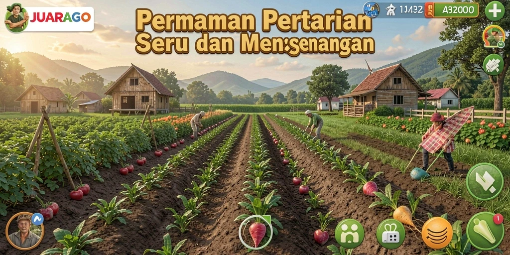 Screenshot gameplay JUARAGO dengan pertanian yang indah dan interaktif.