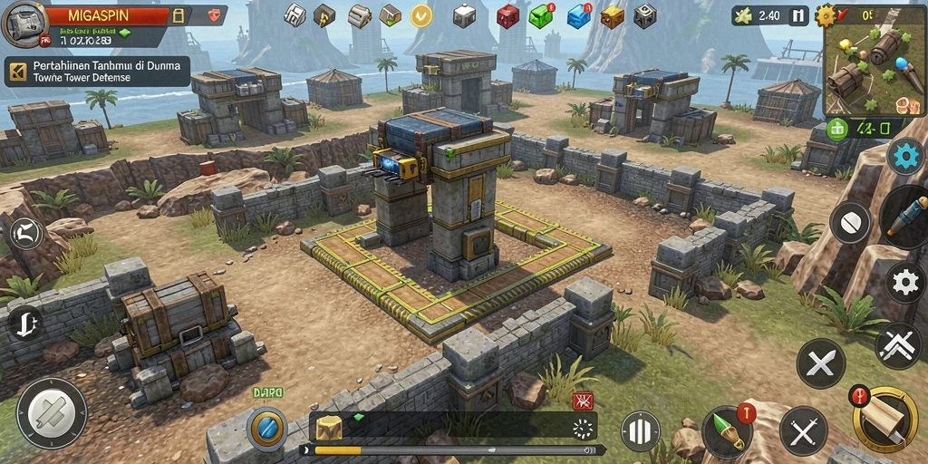 Tangkapan layar gameplay <strong>MIGASPIN</strong> menunjukkan pertarungan menara melawan gelombang musuh.