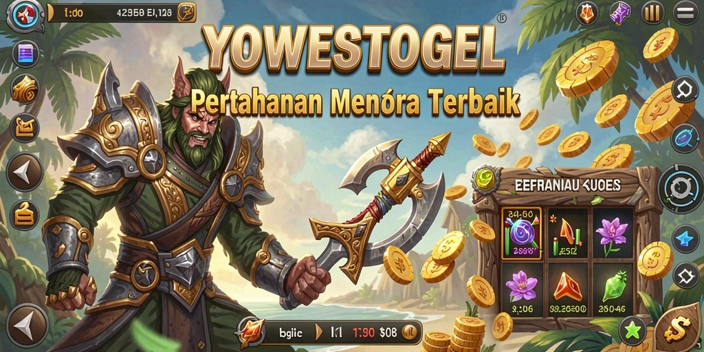 Tampilan gameplay YOWESTOGEL dengan menara pertahanan yang strategis.